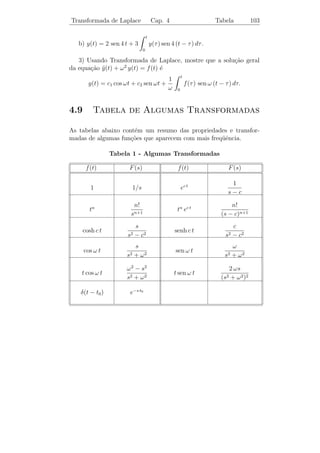 Transformada de Laplace          Cap. 4                   Delta de Dirac 99

                               1 − e−ε s
Quando ε → 0, temos que                  → s. Assim,
                                  ε
                            L[δ(t − t0 )] = e−s t0 .

Exemplo 4.17. Consideremos o seguinte sistema massa-mola.

Na ﬁgura ao lado, a part´ ıcula tem massa m = 2kg,
a constante de rigidez da mola ´ k = 8N/m. O
                                   e
sistema est´ inicialmente em repouso. No instante
            a                                                        k
t = π aplica-se ` part´
                a     ıcula uma for¸a muito grande,
                                    c
de dura¸ao muito curta, que transmite ` part´
         c˜                             a      ıcula
                                                                      m
um impulso de 4N.s. Descrever o movimento da
part´ıcula.

   A posi¸˜o y(t) da part´
         ca              ıcula no instante t, satisfaz o P.V.I.

                            2 y + 8 y = 4 δ(t − π)
                              ¨
                            y(0) = y(0) = 0.
                                    ˙
Aplicando a transformada a ambos os membros da equa¸ao obtemos
                                                   c˜
  2                −πs
(s + 4) Y (s) = 2 e , ou seja,
                                                 2
                            Y (s) = e−πs            .
                                            s2   +4
Portanto,
                                                  0      se t  π,
            y(t) = µπ (t) sen 2 (t − π) =
                                                 sen 2 t se t ≥ π.




                y T


                                                            E
                                 3π
                           π      2              2π         t

                          Gr´ﬁco da solu¸˜o y(t)
                            a           ca
 