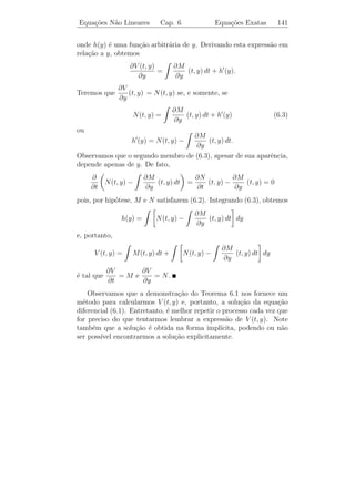 Sistemas de Equa¸˜es
                co           Cap. 5    Uso da Transf. de Laplace     136


cuja solu¸ao ´:
         c˜ e
                           s+2           1  7   1
            X(s) =                     =      +    ,
                       (s + 3) (s − 5)   8 s−5 s+3
                             1          1  1   1
             Y (s) =                  =      −    .
                       (s + 3)(s − 5)   8 s−5 s+3
Logo, a solu¸˜o do P.V.I. ´
            ca            e

                     x(t) = 1 (7 e5 t + e−3 t ),
                    
                    
                             8
                     y(t) = 1 (e5 t − e−3 t ).
                    
                             8
Exemplo 5.17. Resolver o P.V.I.
             
              x+y =0
               ¨
               x+y =0
                ˙ ˙                                                (5.12)
               x(0) = 0, x(0) = 1, y(0) = −1.
                           ˙
             

Solucao: Sejam X(s) = L[x(t)] e Y (s) = L[y(t)]. Aplicando trans-
      ¸˜
formada de Laplace a cada uma das equa¸oes de (5.12), obtemos o
                                       c˜
sistema alg´brico
           e
                        s2 X + Y = 1
                        s X + s Y = −1,
cuja solu¸ao ´
         c˜ e
                                1        1  1
                    X(s) =            =    − ,
                            s (s − 1)   s−1 s
                             −1
                    Y (s) =       .
                            s−1
Logo, a solu¸˜o do P.V.I. ´
            ca            e

                       x(t) = et − 1, y(t) = −et .

   Como podemos notar no Exemplo 5.17, n˜o ´ necess´rio que as
                                              a e   a
                                           a ordem.
equa¸oes diferenciais do sistema sejam de 1¯
    c˜
 