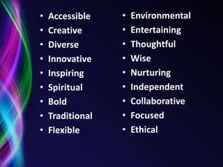 ValuesHave we done our work in a way that adheres to the shared values that are understood by all? And if not, how might we change our work to ensure we are indeed walking our talk?