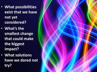 VisionVision Have we done our work in a way that will move our vision forward? Have we focused entirely on our mission, at the exclusion of our vision? How might we change our work to aim at that vision?