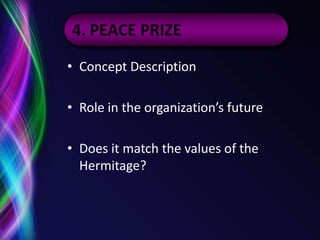 AGENDA1. INTRODUCTION & OVERVIEW2. VALUES3. VISION AND MISSION4. PROGRAMMING5. PEACE PRIZE6. RESOURCE IMPLEMENTATION7. WRAP UP AND COMMITMENT