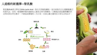 人造殼的新選擇---聚乳酸
聚乳酸(PLA)英文學名為Poly Lacitic Acid，取自天然植物澱粉，是目前取代石化塑膠最廣泛
的替代品。具有一般塑膠材質的強韌性又兼具生物可降解性，分解後回到乳酸單體的形
式再回到自然生態中，不會造成環境的二次汙染，目前已廣泛運用在日常生活用品中。
 