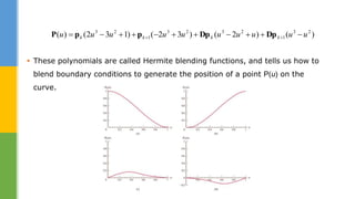  These polynomials are called Hermite blending functions, and tells us how to
blend boundary conditions to generate the position of a point P(u) on the
curve.
)()2()32()132()( 23
1
2323
1
23
uuuuuuuuuu kkkk   DpDpppP
 