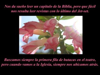 Nos da sueño leer un capítulo de la Bíblia, pero que fácil
    nos resulta leer revistas con lo último del Jet-set.




 Buscamos siempre la primera fila de butacas en el teatro,
pero cuando vamos a la Iglesia, siempre nos ubicamos atrás.
 