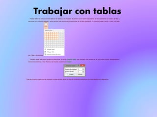 Trabajar con tablas
Puedes definir la estructura de la tabla en la rejilla que se muestra. Al pasar el cursor sobre los cuadros se irán coloreando un número de filas y
columnas con un borde naranja y verás escritas justo encima las proporciones de la tabla resultante. En nuestra imagen vamos a crear una tabla
con 7 filas y 4 columnas.
También desde este menú podemos seleccionar la opción Insertar tabla, que mostrará una ventana en la que podrás indicar directamente el
número de columnas y filas. Para que se inserte, pulsaremos Aceptar.
Este es el mismo cuadro que se mostrará si creas la tabla desde un área de contenido existente en el propio diseño de la diapositiva
 