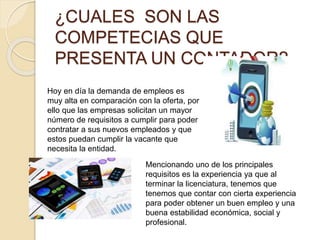 ¿CUALES SON LAS
COMPETECIAS QUE
PRESENTA UN CONTADOR?
Hoy en día la demanda de empleos es
muy alta en comparación con la oferta, por
ello que las empresas solicitan un mayor
número de requisitos a cumplir para poder
contratar a sus nuevos empleados y que
estos puedan cumplir la vacante que
necesita la entidad.
Mencionando uno de los principales
requisitos es la experiencia ya que al
terminar la licenciatura, tenemos que
tenemos que contar con cierta experiencia
para poder obtener un buen empleo y una
buena estabilidad económica, social y
profesional.
 