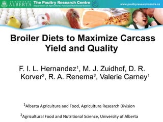 Broiler Diets to Maximize Carcass Yield and Quality ,[object Object],1 Alberta Agriculture and Food, Agriculture Research Division 2 Agricultural Food and Nutritional Science, University of Alberta 