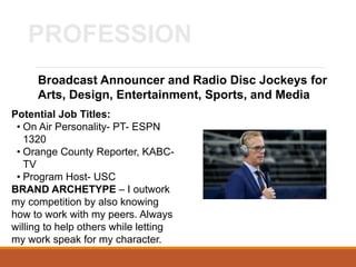 PROFESSION
Potential Job Titles:
• On Air Personality- PT- ESPN
1320
• Orange County Reporter, KABC-
TV
• Program Host- USC
BRAND ARCHETYPE – I outwork
my competition by also knowing
how to work with my peers. Always
willing to help others while letting
my work speak for my character.
Broadcast Announcer and Radio Disc Jockeys for
Arts, Design, Entertainment, Sports, and Media
 