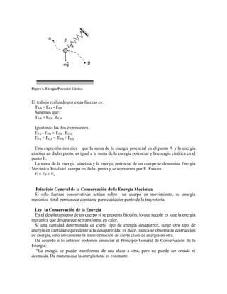 Figura 6. Energía Potencial Elástica
El trabajo realizado por estas fuerzas es:
TAB = EPA - EPB
Sabemos que:
TAB = ECB - ECA
Igualando las dos expresiones
EPA - EPB = ECB - ECA
EPA + ECA = EPB + ECB
Esta expresión nos dice que la suma de la energía potencial en el punto A y la energía
cinética en dicho punto, es igual a la suma de la energía potencial y la energía cinética en el
punto B.
La suma de la energía cinética y la energía potencial de un cuerpo se denomina Energía
Mecánica Total del cuerpo en dicho punto y se representa por E. Esto es:
E = EP + Ec
Principio General de la Conservación de la Energía Mecánica
Si solo fuerzas conservativas actúan sobre un cuerpo en movimiento, su energía
mecánica total permanece constante para cualquier punto de la trayectoria.
Ley la Conservación de la Energía
En el desplazamiento de un cuerpo si se presenta fricción, lo que sucede es que la energía
mecánica que desaparece se transforma en calor.
Si una cantidad determinada de cierto tipo de energía desaparece, surge otro tipo de
energía en cantidad equivalente a la desaparecida; es decir, nunca se observa la destrucción
de energía, sino únicamente la transformación de cierta clase de energía en otra.
De acuerdo a lo anterior podemos enunciar el Principio General de Conservación de la
Energía:
“La energía se puede transformar de una clase a otra, pero no puede ser creada ni
destruida. De manera que la energía total es constante.
 
