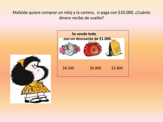 Mafalda quiere comprar un reloj y la cartera,  si paga con $10.000. ¿Cuánto dinero recibe de vuelto?              Se vende todo      con un descuento de $1.000.    $4.500                 $6.800           $3.800 