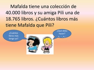 Mafalda tiene una colección de 40.000 libros y su amiga Pili una de 18.765 libros. ¿Cuántos libros más tiene Mafalda que Pili?¿Qué debo hacer?+,  - , x, :¿Cuántos libros más tengo yo?