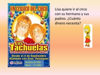 Lisa quiere ir al circo con su hermano y sus padres. ¿Cuánto dinero necesita?Adultos $3.500Niños    $ 2.300