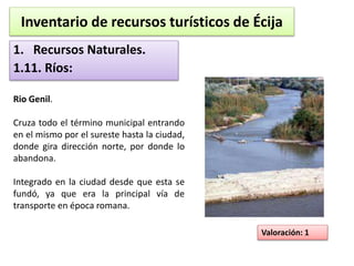 Inventario de recursos turísticos de Écija 
1. Recursos Naturales. 
1.11. Ríos: 
Rio Genil. 
Cruza todo el término municipal entrando 
en el mismo por el sureste hasta la ciudad, 
donde gira dirección norte, por donde lo 
abandona. 
Integrado en la ciudad desde que esta se 
fundó, ya que era la principal vía de 
transporte en época romana. 
Valoración: 1 
 