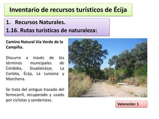Inventario de recursos turísticos de Écija 
1. Recursos Naturales. 
1.16. Rutas turísticas de naturaleza: 
Camino Natural Vía Verde de la 
Campiña. 
Discurre a través de los 
términos municipales de 
Córdoba, Guadalcázar, La 
Carlota, Écija, La Luisiana y 
Marchena. 
Se trata del antiguo trazado del 
ferrocarril, recuperado y usado 
por ciclistas y senderistas. 
Valoración: 1 
 