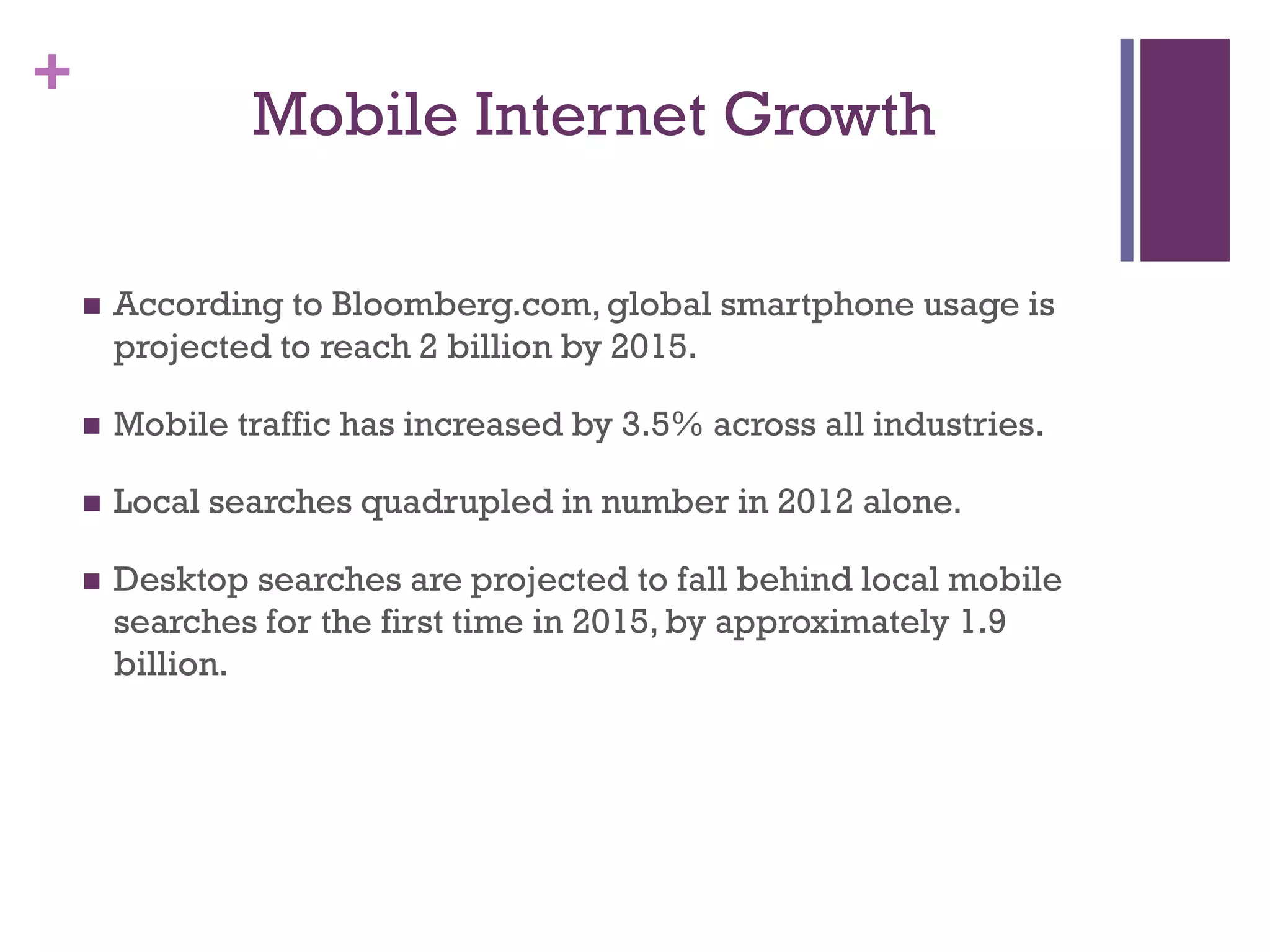 +
Mobile Internet Growth
 According to Bloomberg.com, global smartphone usage is
projected to reach 2 billion by 2015.
 Mobile traffic has increased by 3.5% across all industries.
 Local searches quadrupled in number in 2012 alone.
 Desktop searches are projected to fall behind local mobile
searches for the first time in 2015, by approximately 1.9
billion.
 
