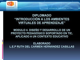 DIPLOMADO
“INTRODUCCIÓN A LOS AMBIENTES
VIRTUALES DE APRENDIZAJE”
MODULO 4. DISEÑO Y DESARROLLO DE UN
PROYECTO PEDAGÓGICO SOPORTADO EN TIC,
APLICADO A UN CONTEXTO EDUCATIVO
ELABORADO
L.E.P RUTH DEL CARMEN HERNÁNDEZ CASILLAS
 