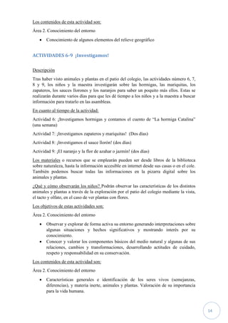 14
Los contenidos de esta actividad son:
Área 2. Conocimiento del entorno
 Conocimiento de algunos elementos del relieve geográfico
ACTIVIDADES 6-9 ¡Investigamos!
Descripción
Tras haber visto animales y plantas en el patio del colegio, las actividades número 6, 7,
8 y 9, los niños y la maestra investigarán sobre las hormigas, las mariquitas, los
zapateros, los sauces llorones y los naranjos para saber un poquito más ellos. Estas se
realizarán durante varios días para que les dé tiempo a los niños y a la maestra a buscar
información para tratarlo en las asambleas.
En cuanto al tiempo de la actividad:
Actividad 6: ¡Investigamos hormigas y contamos el cuento de “La hormiga Catalina”
(una semana)
Actividad 7: ¡Investigamos zapateros y mariquitas! (Dos días)
Actividad 8: ¡Investigamos el sauce llorón! (dos días)
Actividad 9: ¡El naranjo y la flor de azahar o jazmín! (dos días)
Los materiales o recursos que se emplearán pueden ser desde libros de la biblioteca
sobre naturaleza, hasta la información accesible en internet desde sus casas o en el cole.
También podemos buscar todas las informaciones en la pizarra digital sobre los
animales y plantas.
¿Qué y cómo observarán los niños? Podrán observar las características de los distintos
animales y plantas a través de la exploración por el patio del colegio mediante la vista,
el tacto y olfato, en el caso de ver plantas con flores.
Los objetivos de estas actividades son:
Área 2. Conocimiento del entorno
 Observar y explorar de forma activa su entorno generando interpretaciones sobre
algunas situaciones y hechos significativos y mostrando interés por su
conocimiento.
 Conocer y valorar los componentes básicos del medio natural y algunas de sus
relaciones, cambios y transformaciones, desarrollando actitudes de cuidado,
respeto y responsabilidad en su conservación.
Los contenidos de esta actividad son:
Área 2. Conocimiento del entorno
 Características generales e identificación de los seres vivos (semejanzas,
diferencias), y materia inerte, animales y plantas. Valoración de su importancia
para la vida humana.
 