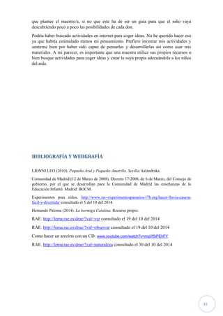 16
que plantee el maestro/a, si no que este ha de ser un guía para que el niño vaya
descubriendo poco a poco las posibilidades de cada don.
Podría haber buscado actividades en internet para coger ideas. No he querido hacer eso
ya que habría estimulado menos mi pensamiento. Prefiero inventar mis actividades y
sentirme bien por haber sido capaz de pensarlas y desarrollarlas así como usar mis
materiales. A mi parecer, es importante que una maestra utilice sus propios recursos o
bien busque actividades para coger ideas y crear la suya propia adecuándola a los niños
del aula.
BIBLIOGRAFÍA Y WEBGRAFÍA
LIONNI LEO (2010). Pequeño Azul y Pequeño Amarillo. Sevilla: kalandraka.
Comunidad de Madrid (12 de Marzo de 2008). Decreto 17/2008, de 6 de Marzo, del Consejo de
gobierno, por el que se desarrollan para la Comunidad de Madrid las enseñanzas de la
Educación Infantil. Madrid. BOCM.
Experimentos para niños. http://www.xn--experimentosparanios-l7b.org/hacer-lluvia-casera-
facil-y-divertida/ consultado el 5 del 10 del 2014.
Hernando Paloma (2014). La hormiga Catalina. Recurso propio.
RAE. http://lema.rae.es/drae/?val=ver consultado el 19 del 10 del 2014
RAE. http://lema.rae.es/drae/?val=observar consultado el 19 del 10 del 2014
Como hacer un arcoíris con un CD: www.youtube.com/watch?v=mqVf5iPEhFY
RAE. http://lema.rae.es/drae/?val=naturaleza consultado el 30 del 10 del 2014
 