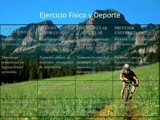 Ejercicio Físico y Deporte
SISTEMA                 SIST.EMA              SIST. MUSCULAR         PREVENIR
CIRCULATORIO            RESPIRATORIO          Y ARTICULAR            ENFERMEDADES
Fortalece las paredes   Respiración más       Estimula crecimiento   Previene y ayuda disminuir
del corazón             amplia y profunda     de huesos              sobrepeso y obesidad


Disminuye               Aumenta eficacia de Aumenta la cantidad      Previene y mejora
pulsaciones en          músculos encargados de sangre que llega al   hipertensión, diabetes,
reposo: mejor           de respiración      músculo,                 osteoporosis, ansiedad,
economía                                    favoreciendo aportes     depresión


Reduce tensión          Aumenta mecanismo     Aumenta tamaño de      Disminuye los niveles de
arterial                renovación aire       músculos               colesterol malo


Aumenta y mejora la     Pone en               Favorece lubricación   Disminuye la ansiedad y
red y calibre de        funcionamiento gran   y protección de        depresión
arterias                número de alvéolos    articulaciones
 