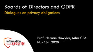 Prof. Hernan Huwyler, MBA CPA
Nov 16th 2020
Boards of Directors and GDPR
Dialogues on privacy obligations
 