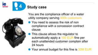 Study case4
You are the compliance officer of a water
utility company serving 400k customers
You need to assess the risk of non
compliance with a concession contract
clause
This clause allows the regulator to
automatically apply a 100 EUR fine per
each unattended customer complain after
24 hours
Your annual budget for this fine is 30M EUR
 
