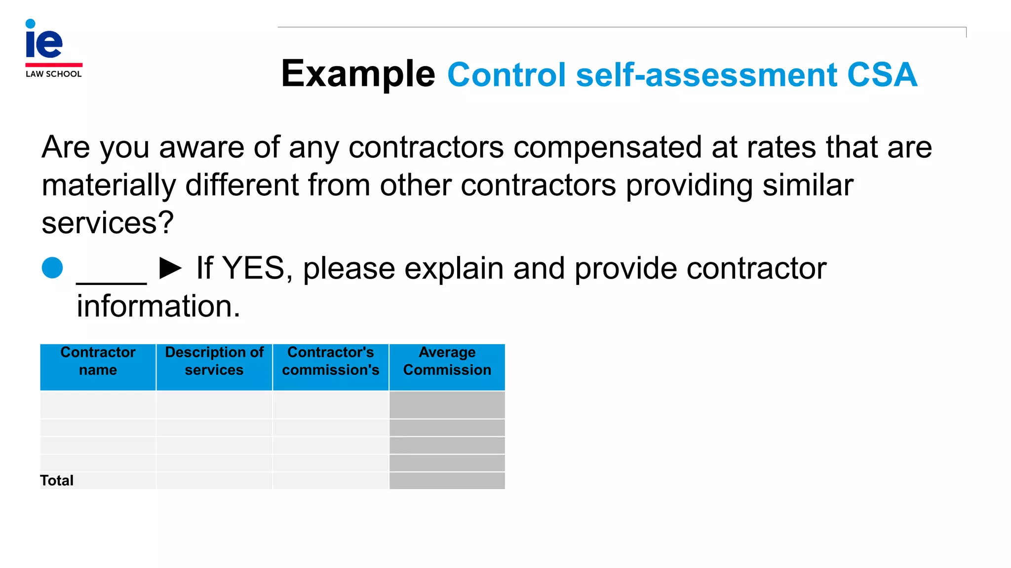 Example Control self-assessment CSA
Are you aware of any contractors compensated at rates that are
materially different from other contractors providing similar
services?
____ ► If YES, please explain and provide contractor
information.
Contractor
name
Description of
services
Contractor's
commission's
Average
Commission
Total
 