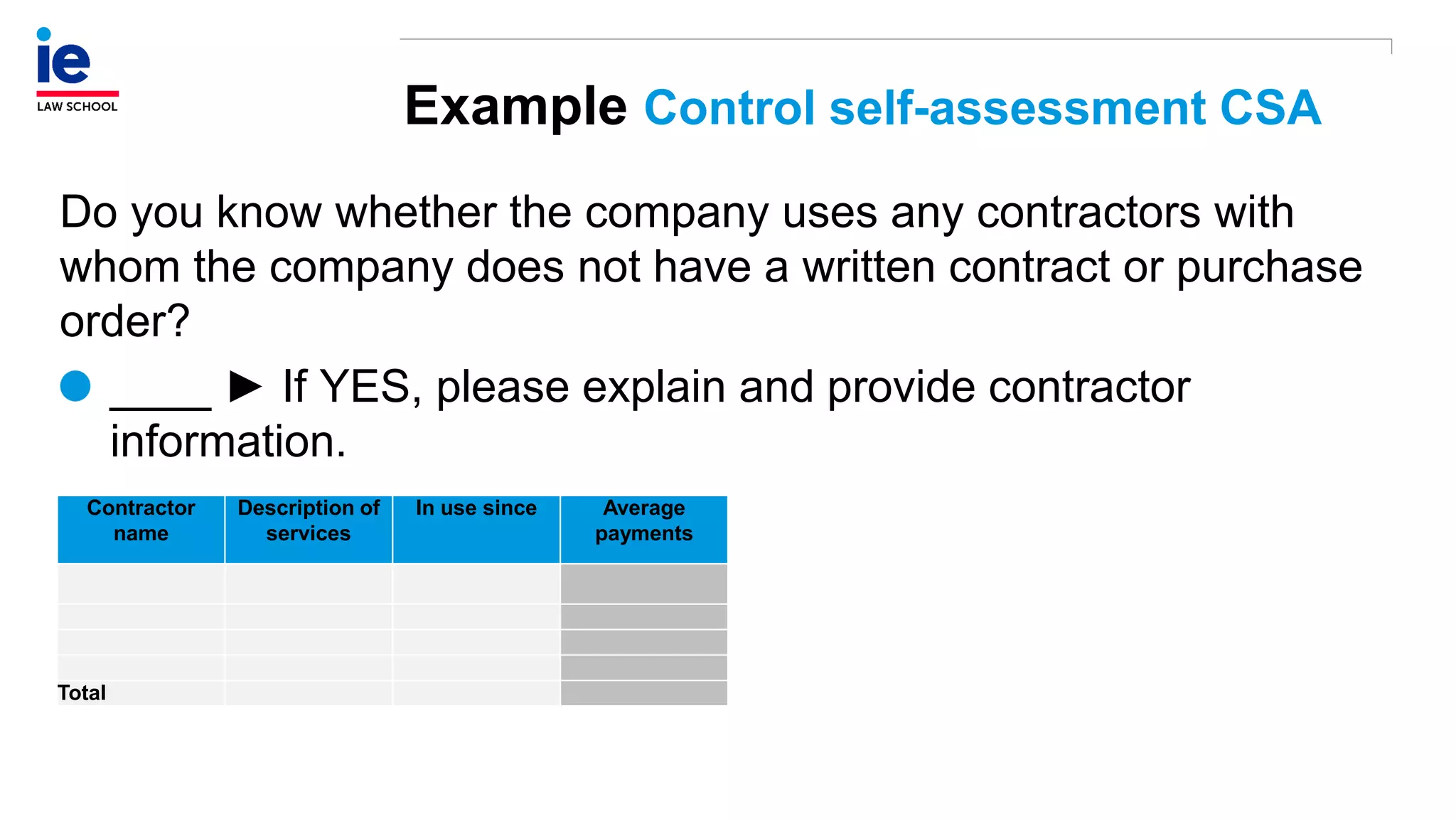 Example Control self-assessment CSA
Do you know whether the company uses any contractors with
whom the company does not have a written contract or purchase
order?
____ ► If YES, please explain and provide contractor
information.
Contractor
name
Description of
services
In use since Average
payments
Total
 