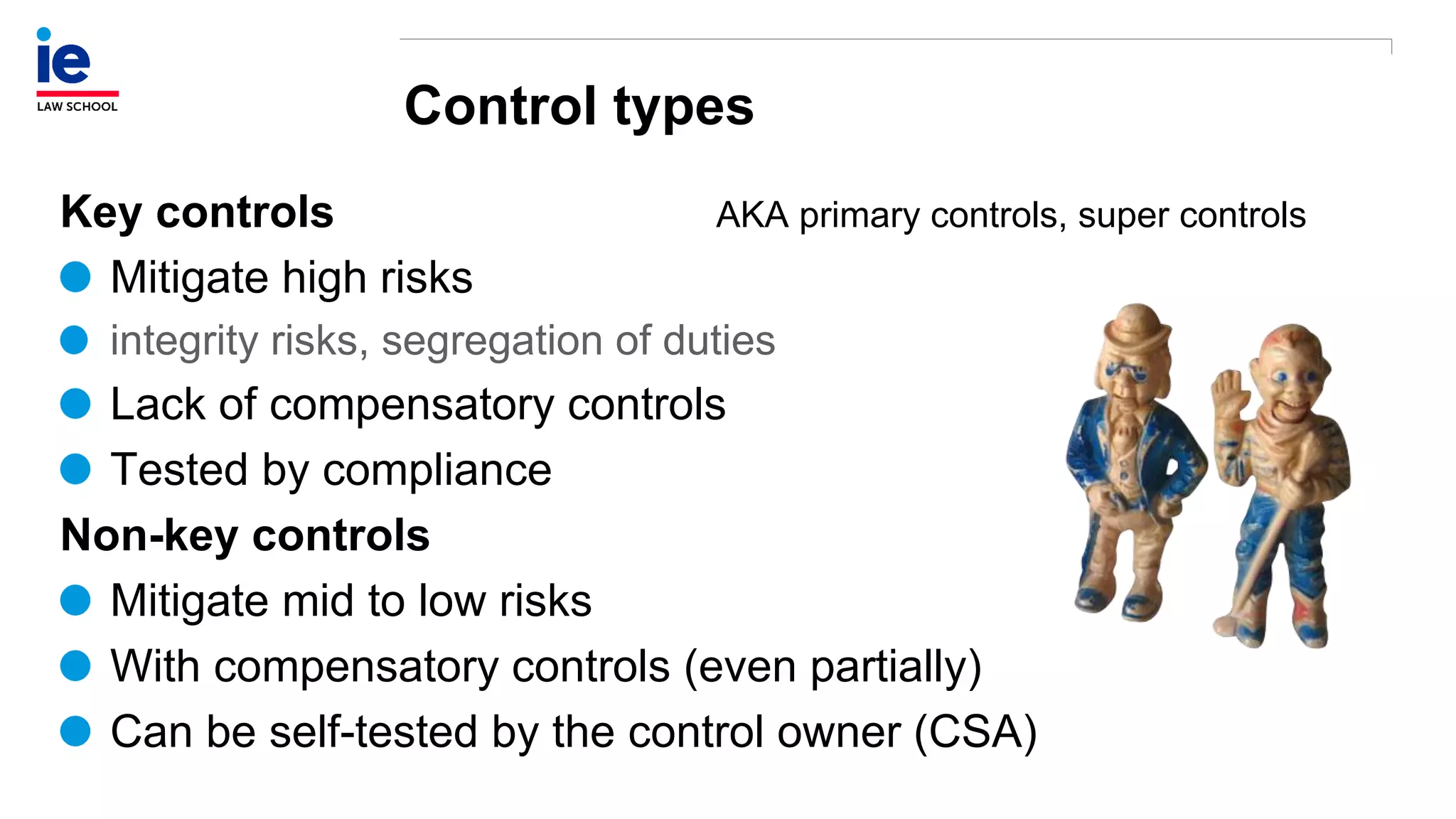 Control types
Key controls AKA primary controls, super controls
Mitigate high risks
integrity risks, segregation of duties
Lack of compensatory controls
Tested by compliance
Non-key controls
Mitigate mid to low risks
With compensatory controls (even partially)
Can be self-tested by the control owner (CSA)
 