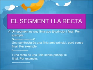 EL SEGMENT I LA RECTA
Un segment es una línia que té principi i final. Per
exemple:
o----------------o
Una semirecta és una línia amb principi, però sense
final. Per exemple:
o--------------
I una recta és una línia sense principi ni
final. Per exemple:
-----------------
 