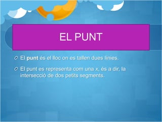 EL PUNT
El punt és el lloc on es tallen dues línies.
El punt es representa com una x, és a dir, la
intersecció de dos petits segments.
 