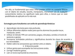 Por ello, es fundamental que estos niños puedan entrar en contacto directo
 con el objeto de estudio, tocarlo, manipularlo, interactuar con él. Cualquier
 conocimiento teórico no significará nada para ellos, a menos que se vean
 posibilitados de aplicarlo en la vida real.


Estrategias para Estudiantes con estilo de aprendizaje Kinésicas

 Aprendizaje más lento pero más profundo.
 Utilizar diferentes objetos reales para que los alumnos los puedan tocar,
   manipular, sentir.
 Utilizar el método TPR con canciones, juegos, role-plays, sonidos a través de
   posturas o gestos
 Incorporar actividades prácticas y significativas durante las clases de acuerdo a
  sus necesidades .
 Hablar sobre las sensaciones que sienten ante un objeto.
                         El docente puede:
 Utilizar gestos para acompañar las instrucciones orales.
 Corregir mediante gestos.
 Leer un texto expresando las emociones.
 
