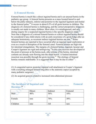 5 ‘Hernia and its types’
2) Femoral Hernia
Femoral hernia is much like a direct inguinal hernia and is an unusual hernia in the
pediatric age group. A femoral hernia presents as a mass located lateral to and
below the pubic tubercle, inferior and posterior to the inguinal ligament and medial
to the femoral pulse.30
It occurs in about 0.5% of all groin hernias in children. The
diagnosis of a femoral hernia is challenging, and the correct preoperative diagnosis
is usually not made in many children. Most often, it is misdiagnosed, and only
during surgery for a suspected inguinal hernia is the specific diagnosis made.31
Note that a diagnosis of a missed femoral hernia or a direct inguinal hernia should
be considered if any child returns with an early recurrence of a groin bulge after an
adequate herniotomy, as recurrent indirect inguinal hernias are rare.32
Some
femoral hernias are reported to have occurred after an inguinal canal exploration or
even as a result of disruption of the femoral canal. Femoral hernias are high risk
for intestinal strangulation. The margins of a femoral hernia, inguinal, lacunar and
Cooper's ligament are rigid and unforgiving.33
In this case necrosis has developed at
the point of pressure at the hernia neck, after release of the hernia, intestinal
contents are already seen flowing into the distal bowel. A limited intestinal
resection was possible through the groin incision.34
The etiology of femoral
hernias remains indefinable. It is suggested that it may be due to either35
:
(1) A congenital narrow posterior inguinal wall attachment to Cooper’s ligament
with a resulting enlarged femoral ring (this is the anatomic aspect accepted by
many pediatric surgeons)
(2) An acquired genesis related to increased intra-abdominal pressure
The Incidence of Inguinal and Femoral
Hernias: 36
Direct Indirect Femoral
Men 40% 50% 10%
Female rare 70% 30%
Children rare All rare
Figure 3 position of femoral hernia
 