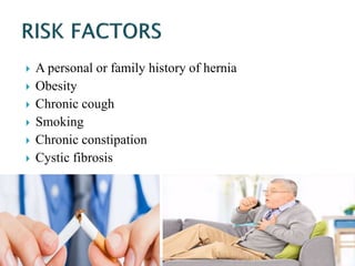  A personal or family history of hernia
 Obesity
 Chronic cough
 Smoking
 Chronic constipation
 Cystic fibrosis
 