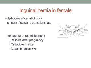 Inguinal hernia in female
-Hydrocele of canal of nuck
smooth ,fluctuant, transilluminate
-hematoma of round ligament
Resolve after pregnancy
Reducible in size
Cough impulse +ve
 