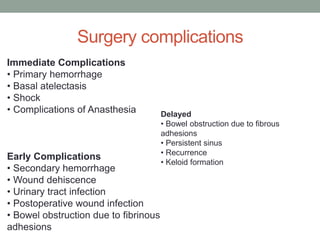 Surgery complications
Immediate Complications
• Primary hemorrhage
• Basal atelectasis
• Shock
• Complications of Anasthesia
Early Complications
• Secondary hemorrhage
• Wound dehiscence
• Urinary tract infection
• Postoperative wound infection
• Bowel obstruction due to fibrinous
adhesions
Delayed
• Bowel obstruction due to fibrous
adhesions
• Persistent sinus
• Recurrence
• Keloid formation
 