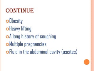 CONTINUE
Obesity
Heavy lifting
A long history of coughing
Multiple pregnancies
Fluid in the abdominal cavity (ascites)
 