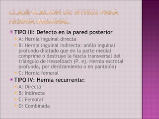 TIPO III: Defecto en la pared posterior A: Hernia inguinal directa B: Hernia inguinal indirecta: anillo inguinal profundo dilatado que en la parte medial comprime o destruye la fascia transversal del triángulo de Hesselbach (P. ej. Hernia escrotal profunda, por deslizamiento o en pantalón) C: Hernia femoral TIPO IV: Hernia recurrente: A: Directa B: Indirecta C: Femoral  D: Combinada 