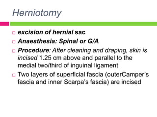 Herniotomy
 excision of hernial sac
 Anaesthesia: Spinal or G/A
 Procedure: After cleaning and draping, skin is
incised 1.25 cm above and parallel to the
medial two/third of inguinal ligament
 Two layers of superficial fascia (outerCamper’s
fascia and inner Scarpa’s fascia) are incised
 