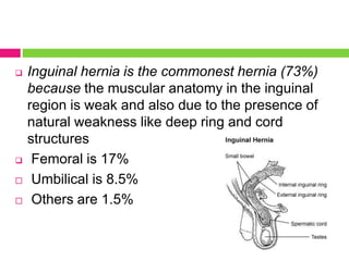  Inguinal hernia is the commonest hernia (73%)
because the muscular anatomy in the inguinal
region is weak and also due to the presence of
natural weakness like deep ring and cord
structures
 Femoral is 17%
 Umbilical is 8.5%
 Others are 1.5%
 