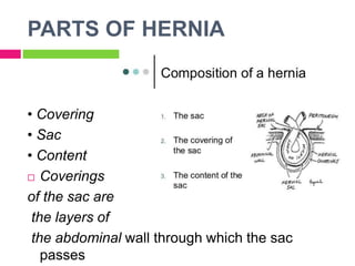 PARTS OF HERNIA
• Covering
• Sac
• Content
 Coverings
of the sac are
the layers of
the abdominal wall through which the sac
passes
 