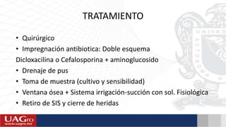 • Quirúrgico
• Impregnación antibiotica: Doble esquema
Dicloxacilina o Cefalosporina + aminoglucosido
• Drenaje de pus
• Toma de muestra (cultivo y sensibilidad)
• Ventana ósea + Sistema irrigación-succión con sol. Fisiológica
• Retiro de SIS y cierre de heridas
TRATAMIENTO
 