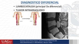 • LUMBOCIATALGIA (principal Dx diferencial)
• TUMOR INTRARRAQUIDEO
Francisco Javier Flores Juarez. (2014). FUNDAMENTOS DE
TRAUMATOLOGIA Y ORTOPEDIA. Mexico: trillas.
 