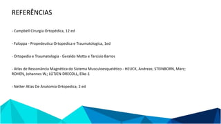 REFERÊNCIAS
- Campbell Cirurgia Ortopédica, 12 ed
- Faloppa - Propedeutica Ortopedica e Traumatologica, 1ed
- Ortopedia e Traumatologia - Geraldo Motta e Tarcisio Barros
- Atlas de Ressonância Magnética do Sistema Musculoesquelético - HEUCK, Andreas; STEINBORN, Marc;
ROHEN, Johannes W.; LÜTJEN-DRECOLL, Elke-1
- Netter Atlas De Anatomia Ortopedica, 2 ed
 