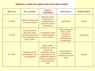 Sintomas e sinais da ruptura lateral de disco lombar
Disco raiz Dor e paresias
Perda de
sensibilidade
Perda motora Perda do reflexo
L3-4 L4
Superfície anterior da
coxa, parte inferior
Superfície antero-
medial da coxa
estendendo pela
perna até a parte
interna do pé.
Quadríceps Patelar
L4-5 L5
Irradia por trás da
perna até a parte
lateral da panturrilha
e cruza pelo dorso do
pé até o hálux
Usualmente envolve
a parte lateral da
coxa e o hálux
Extensor longo do
hálux; menos
comumente,
músculos de
dorsiflexão do e
eversão do pé.
Isquiotibiais
L5-S1 S1
Irradia por trás da
panturrilha até o pé e
os pododáctilos
Quase sempre
compromete a parte
exterior da
panturrilha, a parte
exterior do pé, e os
pododáctilo menores;
menos comumente, a
parte posterior da
coxa.
Gastrocnêmio, e
ocasionalmente
músculos de eversão
do pé.
Aquileu
 