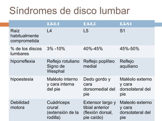 Síndromes de disco lumbar
L3-L4 L4-L5 L5-S1
Raíz
habitualmente
comprometida
L4 L5 S1
% de los discos
lumbares
3% -10% 40%-45% 45%-50%
hiporreflexia Reflejo rotuliano
Signo de
Wesphal
Reflejo poplíteo
medial
Reflejo
aquiliano
hipoestesia Maléolo interno
y cara interna
del pie
Dedo gordo y
cara
dorsomedial del
pie
Maléolo externo
y cara
dorsolateral del
pie
Debilidad
motora
Cuádriceps
crural
(extensión de la
rodilla)
Extensor largo y
tibial anterior
(flexión dorsal,
pie caído)
Maleolo externo
y cara
dorsolateral del
pie
 
