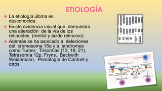  La etiología última es
desconocida.
 Existe evidencia inicial que demuestra
una alteración de la vía de los
retinoides (renitol y ácido retinoico).
 Además se ha asociado a deleciones
del cromosoma 15q y a síndromes
como Turner, Trisomías (13, 18, 21),
Tetrasomía 12p, Fryns, Beckwith
Weidemann, Pentalogía de Cantrell y
otros.
 