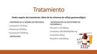 Tratamiento
oINHIBIDOR DE LA BOMBA DE PROTONES:
•Lanzoprasol 15/30mg
•Omeprasol 20/40mg
•Esomeprasol 20/40mg
oANTIACIDOS
oANTAGONISTAS DE RECEPTORES DE
HISTAMINA 2:
•Ranitidina 150/300mg
•Cimetidina 200/300/400/800 mg
•Famotidina 40mg
•Nizatidina 150/300mg
Piedra angular del tratamiento: Alivio de los síntomas de reflujo gastroesofágico
 
