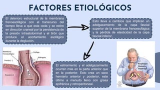 FACTORES ETIOLÓGICOS
El deterioro estructural de la membrana
frenoesofágica con el transcurso del
tiempo lleva a que esta ceda y se estire
en dirección craneal por la persistencia de
la presión intraabdominal y el tirón que
produce el acortamiento esofágico
durante la deglución.
Esto lleva a cambios que implican un
adelgazamiento de la capa fascial
superior de la membrana frenoesofágica
y la pérdida de elasticidad de la capa
fascial inferior.
El estiramiento y el adelgazamiento
ocurren más en la parte anterior que
en la posterior. Esto crea un saco
herniario anterior y posterior, este
último a menudo lleno con grasa
epifrénica y retroperitoneal.
 