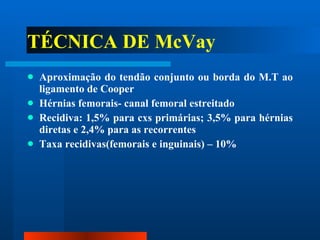 TÉCNICA DE McVay Aproximação do tendão conjunto ou borda do M.T ao ligamento de Cooper Hérnias femorais- canal femoral estreitado Recidiva: 1,5% para cxs primárias; 3,5% para hérnias diretas e 2,4% para as recorrentes Taxa recidivas(femorais e inguinais) – 10% 