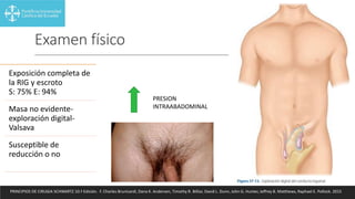 Examen físico
Exposición completa de
la RIG y escroto
S: 75% E: 94%
Masa no evidente-
exploración digital-
Valsava
Susceptible de
reducción o no
PRESION
INTRAABADOMINAL
PRINCIPIOS DE CIRUGIA SCHWARTZ 10.ª Edición. F. Charles Brunicardi, Dana K. Andersen, Timothy R. Billiar, David L. Dunn, John G. Hunter, Jeffrey B. Matthews, Raphael E. Pollock. 2015
 